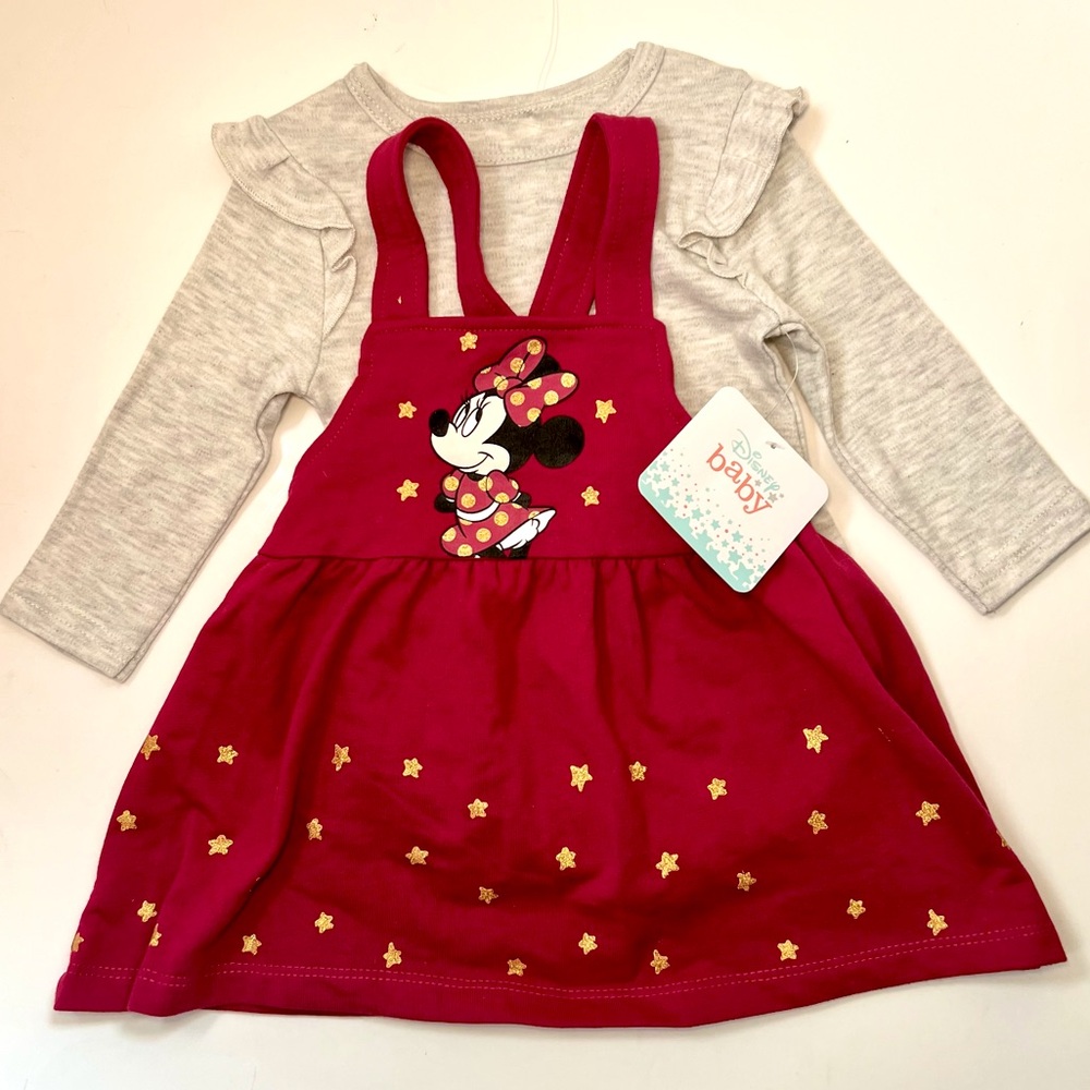 Disney Minnie Mouse 2pc Overall Jumper Dress & Top Set Size 6-9 Months *NEW*